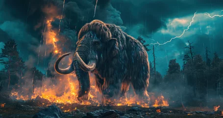 Photo sur Plexiglas Feu Mammoth in prehistoric wild field with lightning bolt and fire flame in forest.