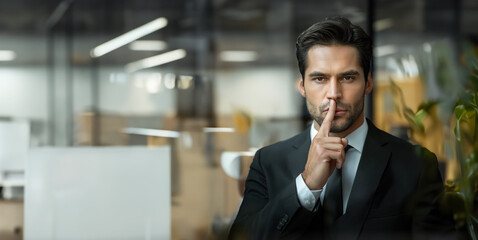 businessman conveying the concept of confidentiality to his associates by pressing his index finger to his lips.
