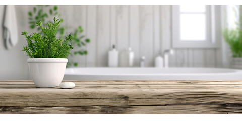 White bathroom interior. Empty wooden table top