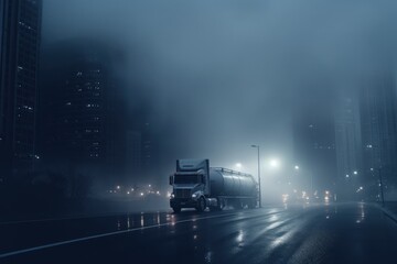 Oil tank truck driving on highway delivering oil in foggy city. - obrazy, fototapety, plakaty