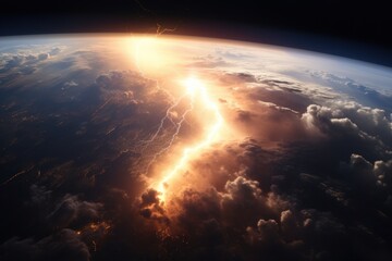 Fototapeta na wymiar Aerial view of bright lightning strike onto ground in a thunderstorm at night.