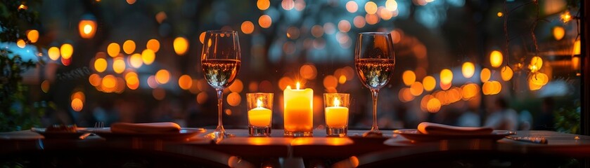Romantic candlelit dinner at an exclusive restaurant, couple enjoying a gourmet meal, intimate and elegant setting.