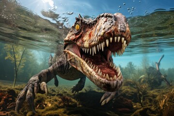 Fototapeta premium Close-up view of a Baryonyx dinosaur in water in prehistoric environment. Photorealistic.