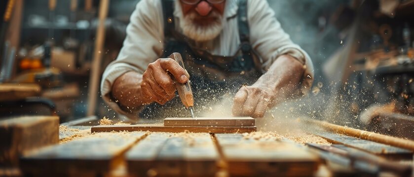 In the rustic woodworker's workshop, hands craft with traditional tools, sawdust fills the air around.
