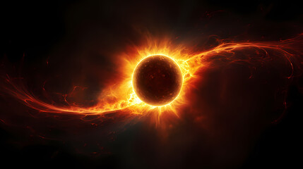 Detailed illustration of a solar eclipse with the corona visible around the dark sun