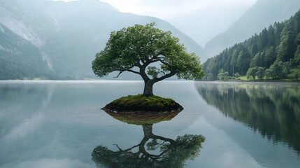 A lone tree thrives on a rocky island, reflecting gracefully in the river, surrounded by misty mountains.