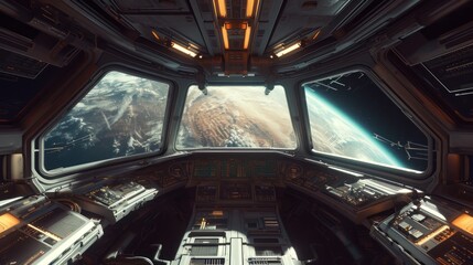 Fototapeta premium Beautiful view of space from inside of a spaceship.