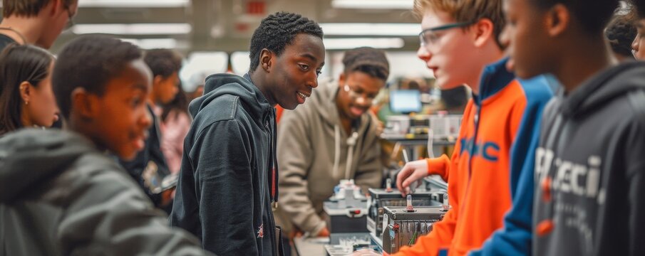 Science students showcase robotics project at school fair, emphasizing innovation, teamwork, engagement, interactive displays.