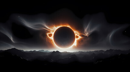 Detailed illustration of a solar eclipse with the corona visible around the dark sun - obrazy, fototapety, plakaty