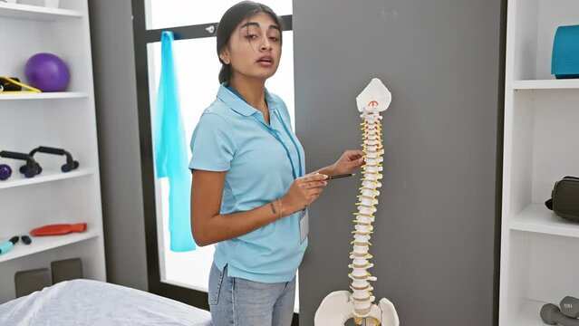 A focused indian woman examines a spine model in a rehabilitation center with fitness equipment in the background.