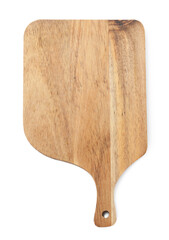 One wooden cutting board on white background, top view