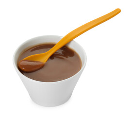 Bowl with healthy baby food and spoon isolated on white