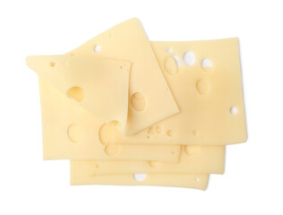 Slices of tasty fresh cheese isolated on white, top view