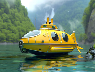 small yellow submarine with round windows, side view, yellow bathyscaphe, style Ai generative 