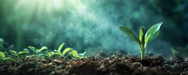 young plants growing under rain. life concepts. green concepts. - obrazy, fototapety, plakaty