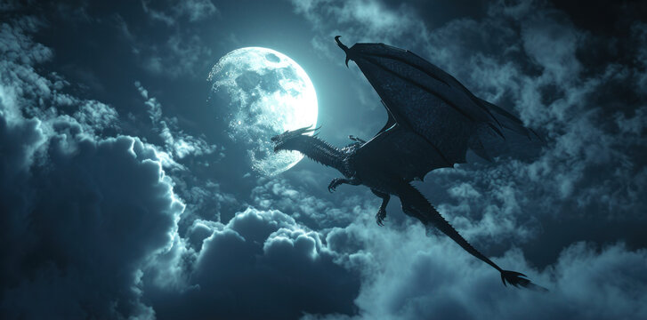 A dragon flying high in air with cloud and moon.