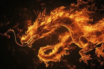 A dragon made from fire and lights over black background. - obrazy, fototapety, plakaty