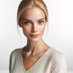 A beautiful young blonde woman on a white background