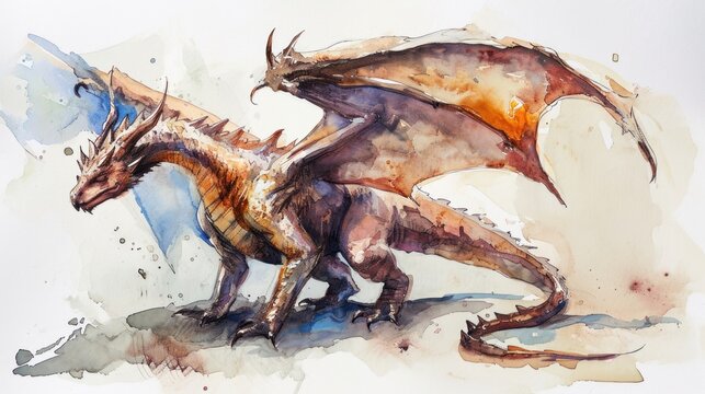 Watercolor drawing of dragon over white background.