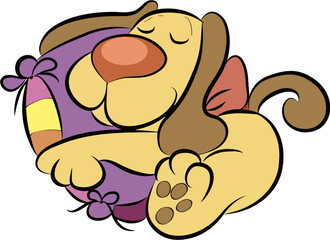 long-eared caramel-colored dog hugging pillow