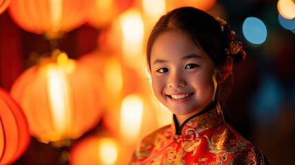 A little girl in traditional clothing in lantern festival in street to celebrate Chinese lunar new...