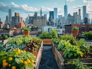 Fototapeta premium Thriving rooftop garden in an urban setting, array of plants and vegetables, skyline in the background, focus on green living.
