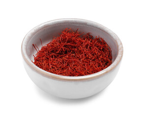 Aromatic saffron in bowl isolated on white