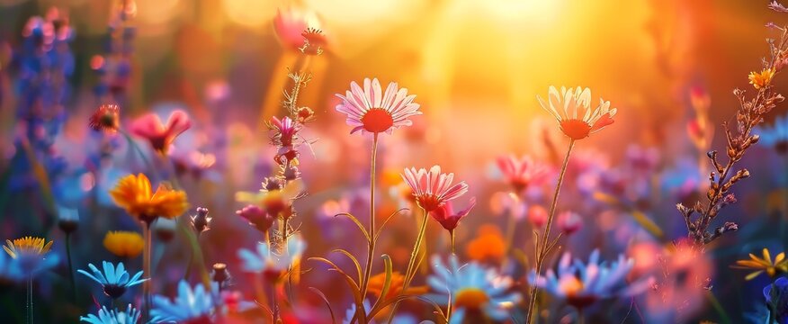 Golden hour glow on wildflowers, a serene meadow scene with a shallow depth of field and bokeh.