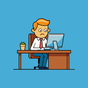 vector illustration of cartoon manager sitting at computer desk working frustrated in stress