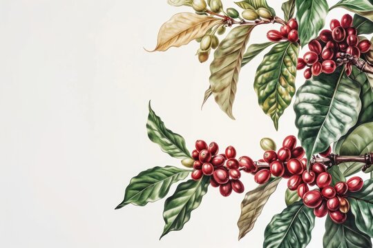 Vector illustration of fresh coffee berries with leaves from plantation farm.