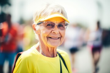 Pretty senior woman running marathon. Generative AI