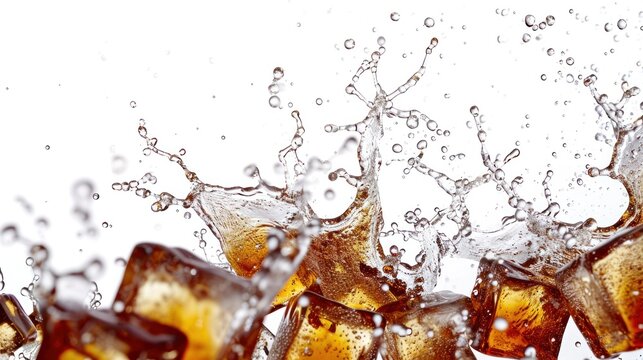 Isolated close-up view of iced coffee splash over white background.