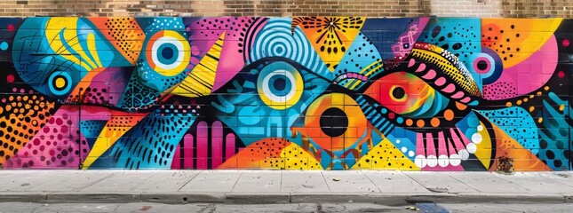A vivid, multicolored street art mural featuring abstract patterns and stylized eyes on an urban wall.