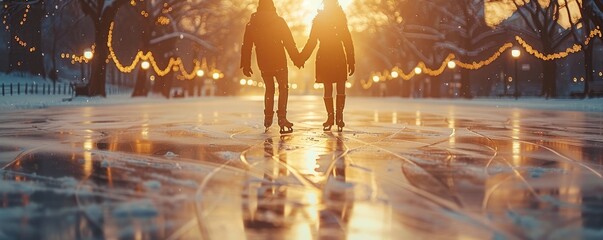 Winter's embrace envelops the couple as they glide on the outdoor rink, bathed in the glow of city lights. - obrazy, fototapety, plakaty