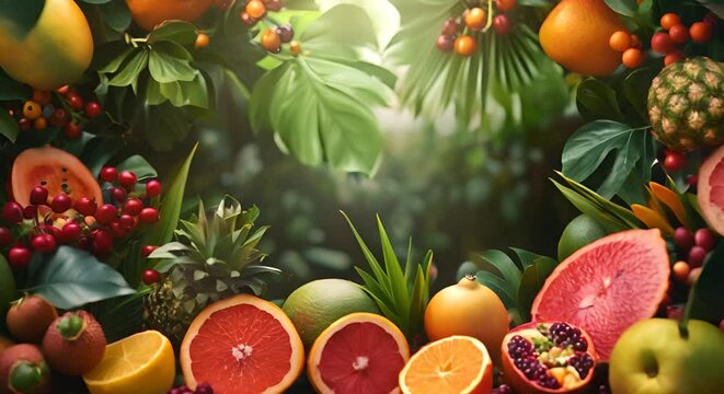 Exotic fruits display with a lush jungle background