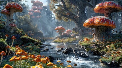 Enchanted Forest: Clear River Flows Through a Fantasy Woods Teeming with Giant Mushrooms