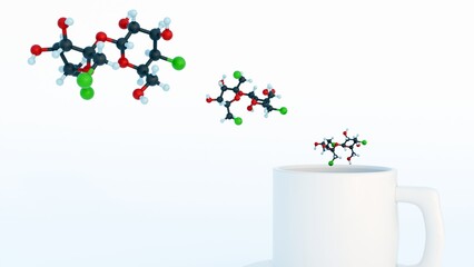 3d rendering of Sucralose molecule, it is a zero calorie artificial sweetener
