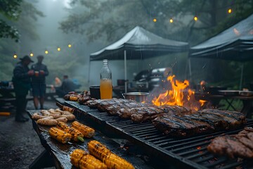 People camping in the mountains, setting up tents and grilling meat and corn