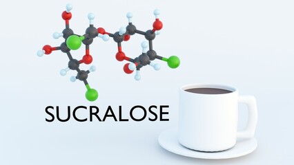 3d rendering of Sucralose molecule, it is a zero calorie artificial sweetener