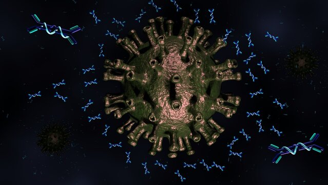 3d rendering of IgA molecules neutralize or block the activity of virus and prevent their attachment to host cells