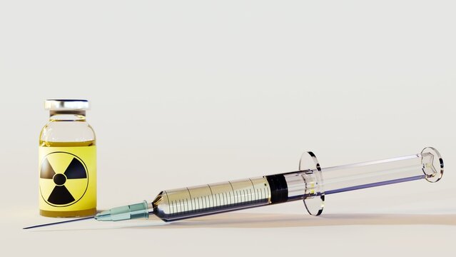 3d rendering of radioactive intravenous drug using a needle and syringe to inject a drug