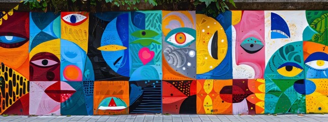 Vibrant and abstract urban mural with a playful variety of eyes and patterns under a leafy canopy.
