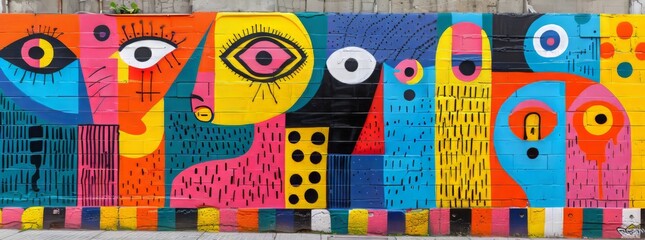 Stunning street mural with detailed, watchful eyes amidst a vivid backdrop of abstract foliage and urban elements.