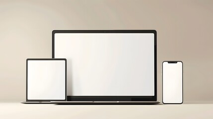 Modern personal computer with blank white screen, keyboard, mobile phone and office accessories on desk at workplace of graphic designer, blogger. Electronic devices, technology and creativity