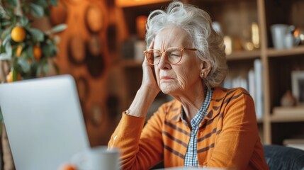 Senior woman suffering from migraine pain generative ai