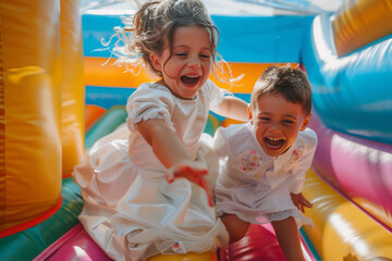 Children jumping on a bouncy castle celebrating their communion with laughter and fun - obrazy, fototapety, plakaty