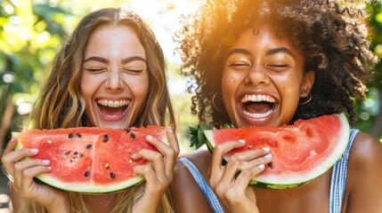 Cheerful young women having fun with watermelon and laughing joyfully outdoors on a summer day
