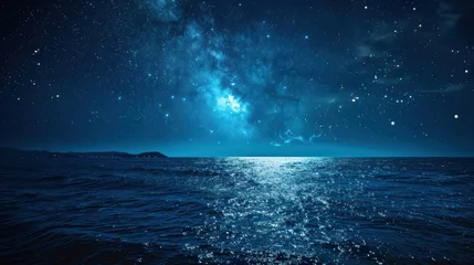 Photo sur Plexiglas Réflexion A serene night scene with a dazzling starry sky reflecting over a calm blue ocean, with distant coastline silhouettes.