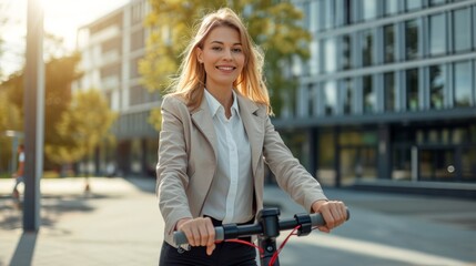 Smiling young businesswoman standing with electric scooter generative ai