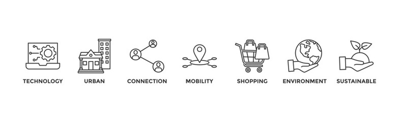 Smart city banner web icon vector illustration concept with icon of technology, urban, connection, mobility, shopping, environment and sustainable	